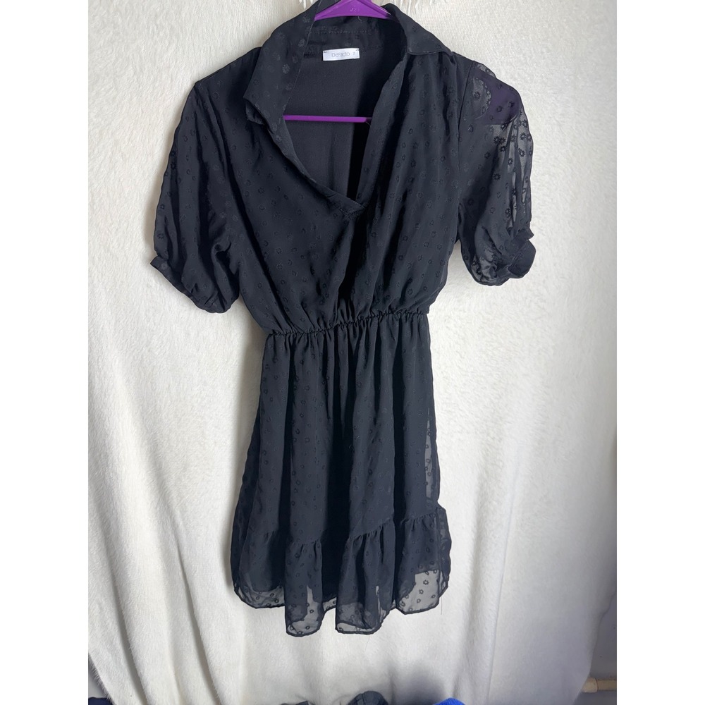 DeFacto Black Swiss Dot Mini Dress Short Sleeve Ruffle Hem Size 34